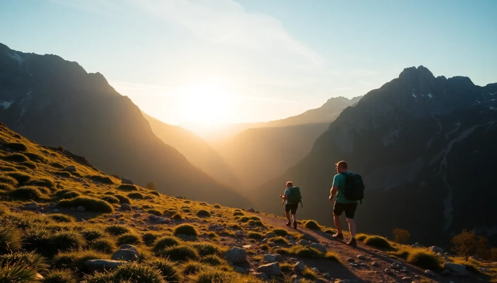 Trekking through scenic mountain landscape with hikers enjoying nature's beauty and rugged terrains.