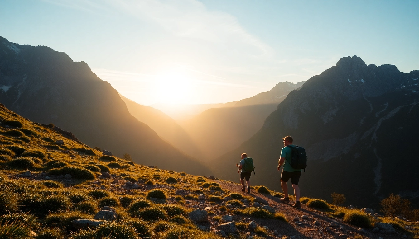 Trekking through scenic mountain landscape with hikers enjoying nature's beauty and rugged terrains.