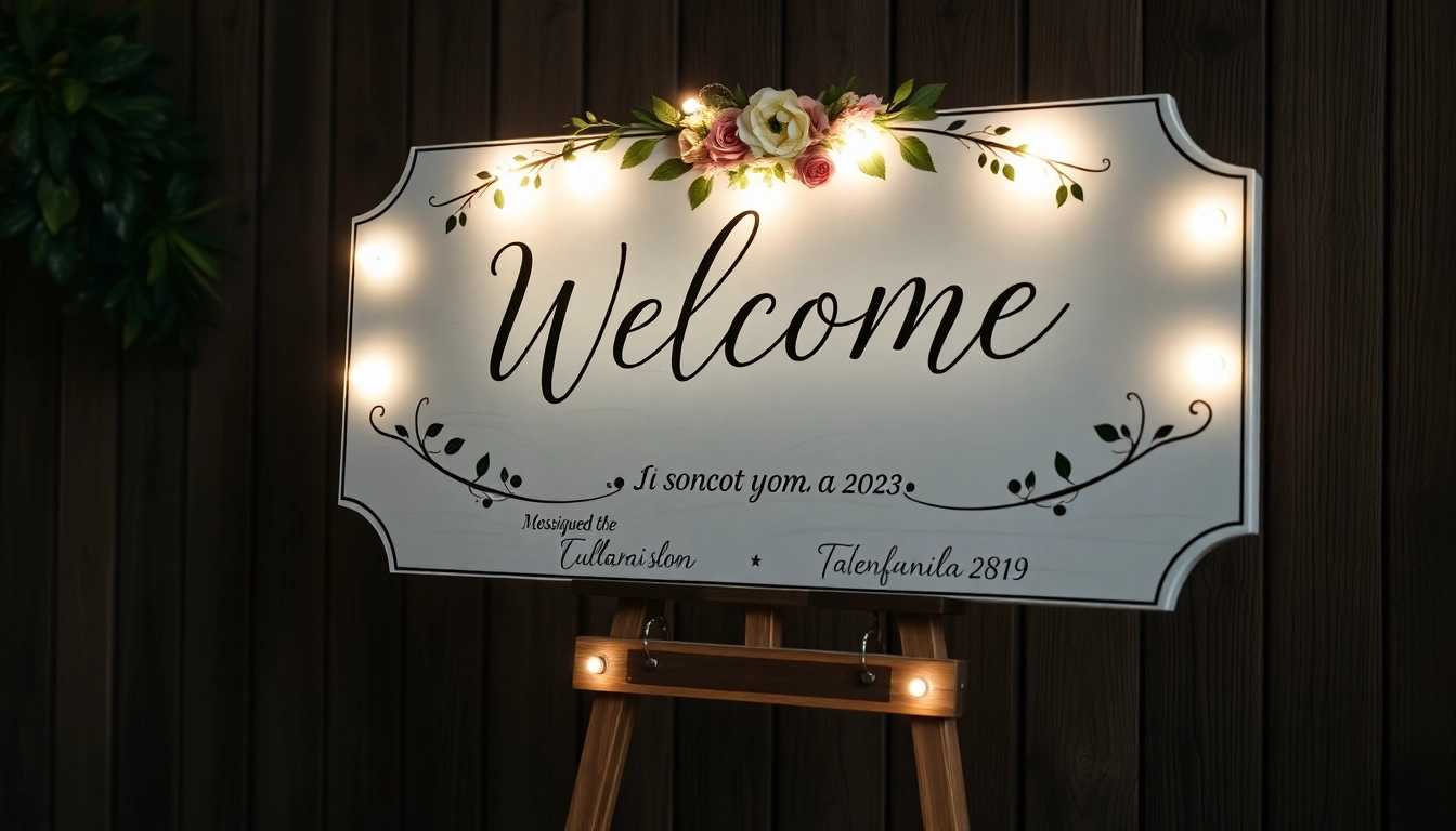 Beautiful wedding welcome sign featuring personalized calligraphy and floral accents, perfect for wedding decor, inviting and stylish for guests.