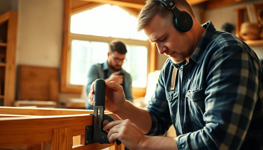 A professional carpenter measuring and cutting wood for a project, showcasing expert carpentry skills and tools, with a well-organized workshop background.