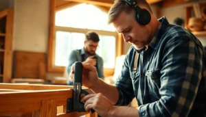 A professional carpenter measuring and cutting wood for a project, showcasing expert carpentry skills and tools, with a well-organized workshop background.
