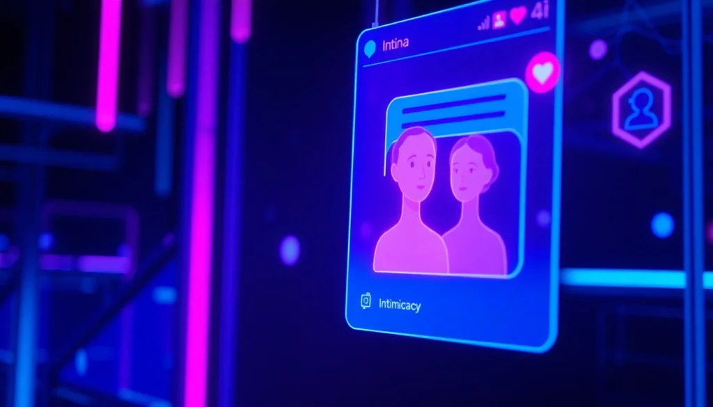 Futuristic AI chat interface with neon colors and holographic AI characters