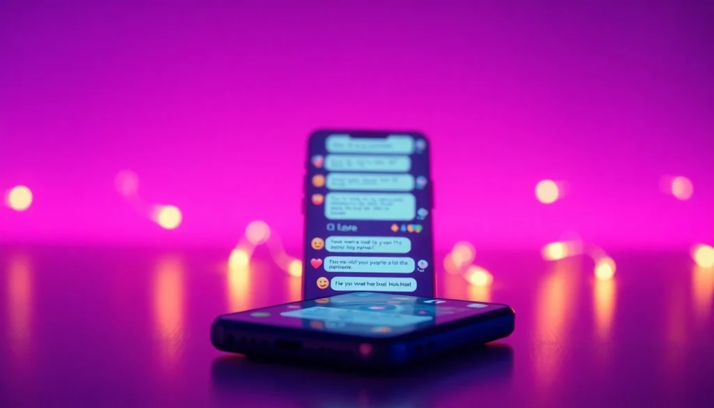 A smartphone displaying an intimate AI chat conversation on a glowing screen.