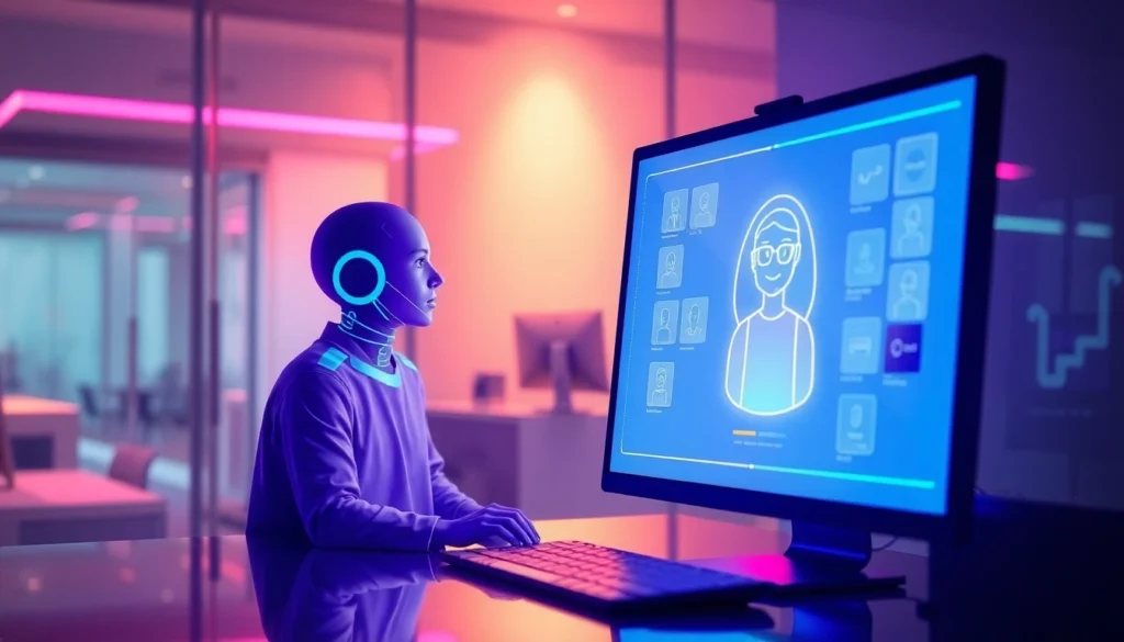 Futuristic AI chat interface with holographic avatar in a modern workspace