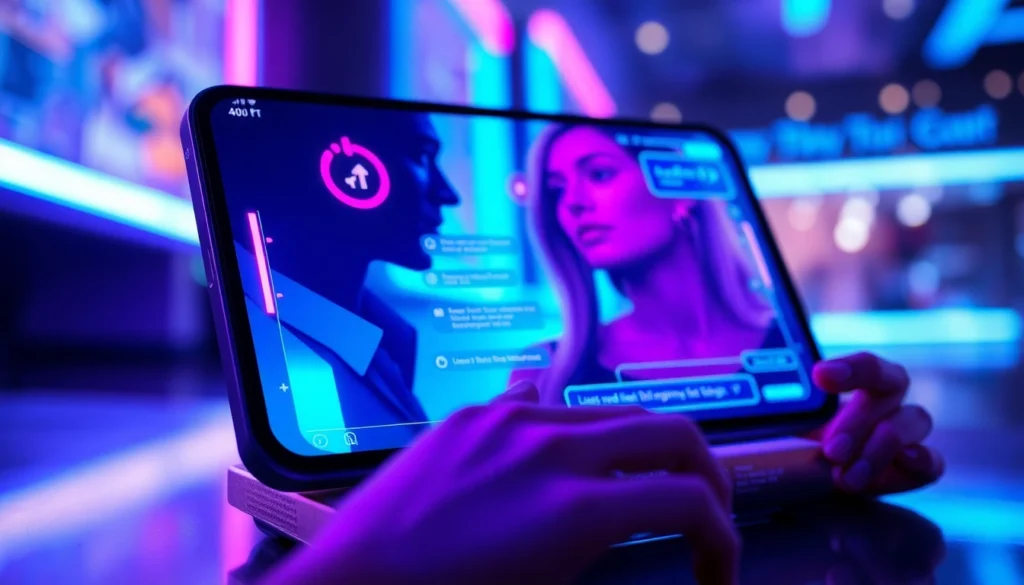 Close-up of a futuristic digital chat interface on a device screen, glowing with neon accents, representing AI adult chat interaction.