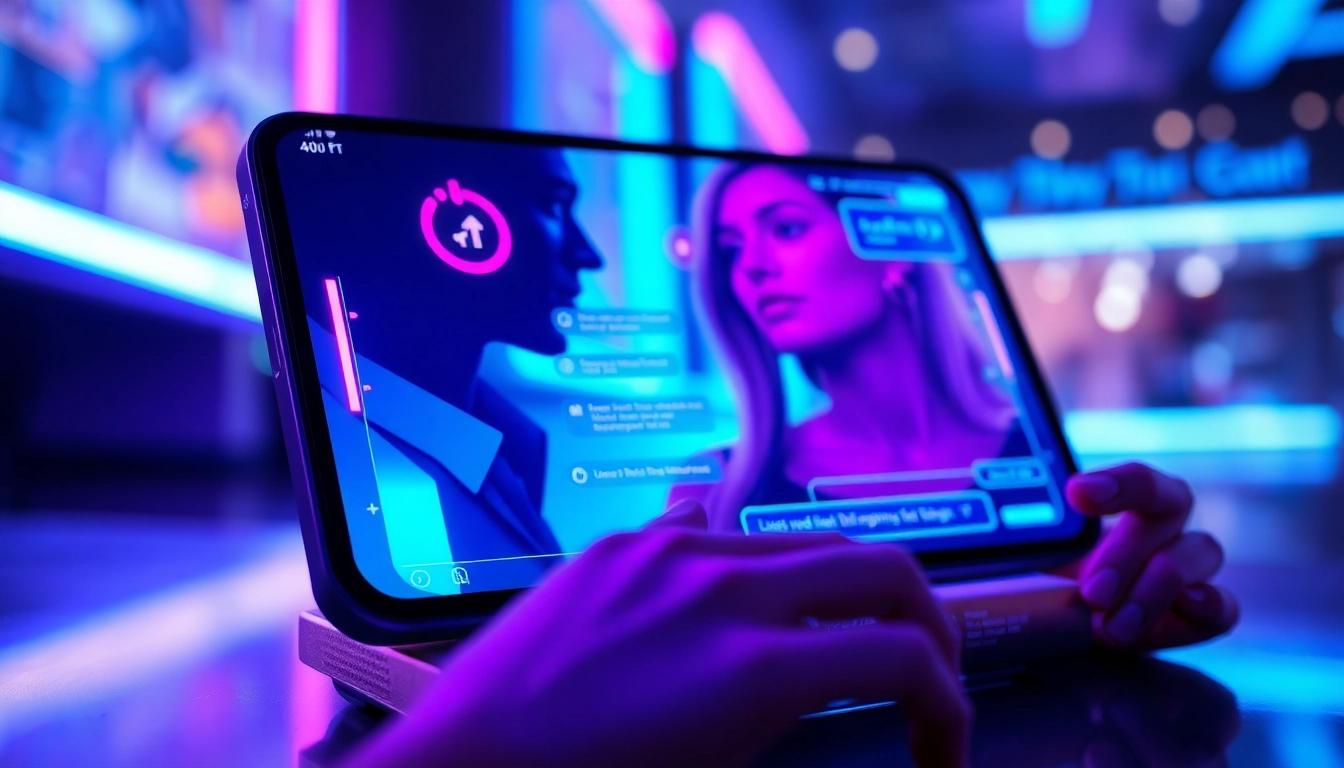 Close-up of a futuristic digital chat interface on a device screen, glowing with neon accents, representing AI adult chat interaction.