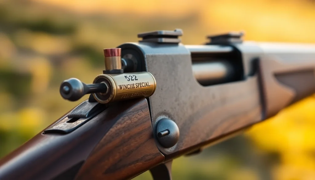 Detailed shot of a .32WIN cartridge in a vintage Winchester rifle, highlighting its historical design and craftsmanship for gun enthusiasts.