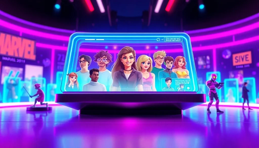 Colorful digital illustration of avatars and AI characters interacting in a virtual social media space with neon lighting and vibrant fandom backgrounds.