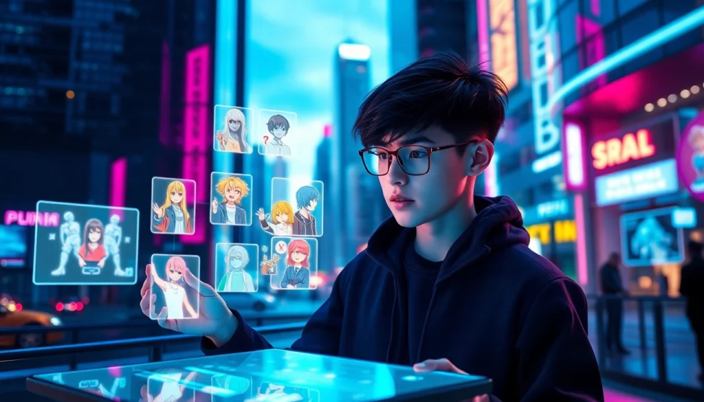 An animated depiction of a person connecting with holographic social media characters in a high-tech cityscape at dusk.