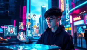 An animated depiction of a person connecting with holographic social media characters in a high-tech cityscape at dusk.
