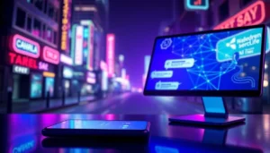 Futuristic AI chat platform on smartphone and desktop with neon city background