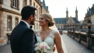Photographe mariage Liège capturing candid moments of a joyful couple against historic Liège landmarks, emphasizing professionalism and vibrant emotion.