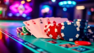 Clubgg poker features a lively online poker table with chips, cards, and digital interface highlights, showcasing community and gaming versatility.