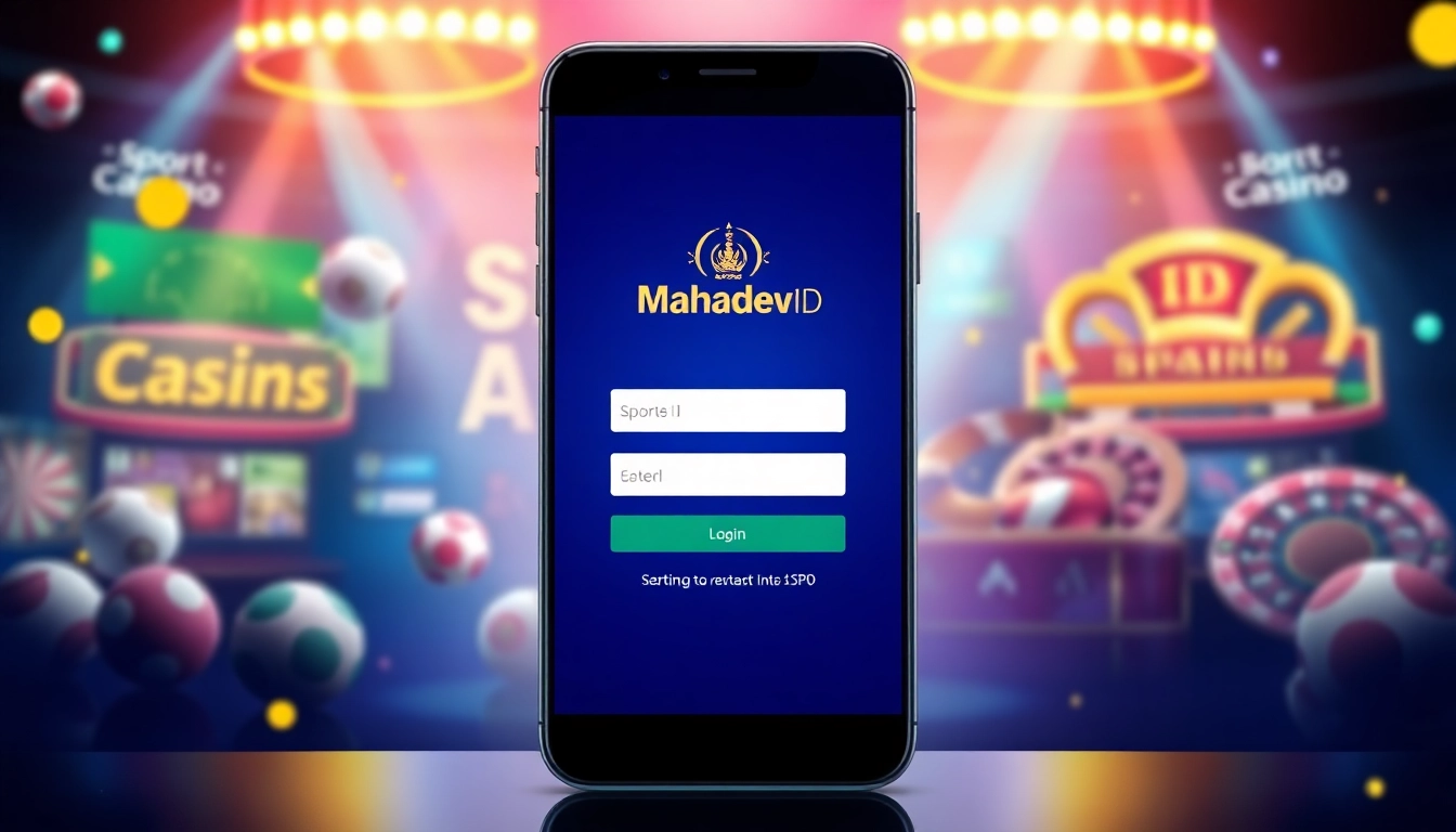Mahadev ID login portal on mobile device, highlighting secure online betting with sports and casino icons for user engagement.