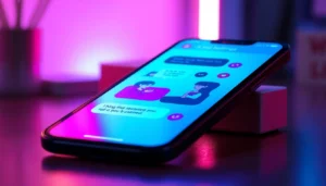 A futuristic smartphone displaying an AI sexting app interface with vibrant neon colors and animated characters.