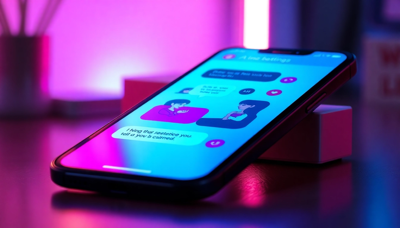 A futuristic smartphone displaying an AI sexting app interface with vibrant neon colors and animated characters.