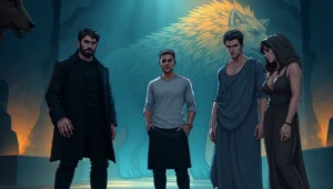 An illustration of diverse humans representing the Omegaverse hierarchy: alpha, beta, and omega, set in a stylized environment with atmospheric lighting and textured details.