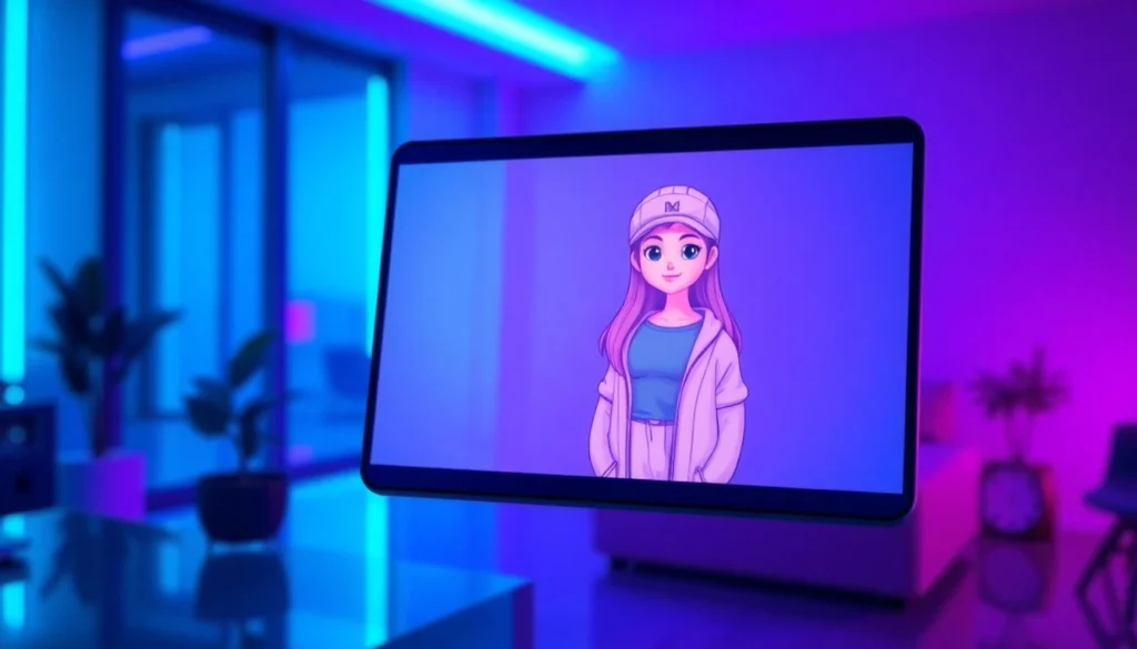 Futuristic digital interface displaying a customizable AI girlfriend avatar with modern room background.
