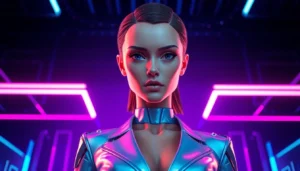 A futuristic female AI character in a neon-lit high-tech environment, exuding confidence and authority.
