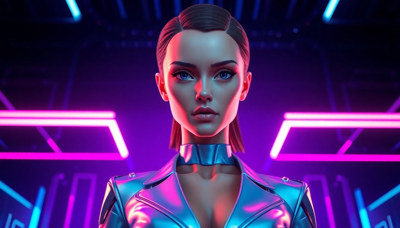 A futuristic female AI character in a neon-lit high-tech environment, exuding confidence and authority.