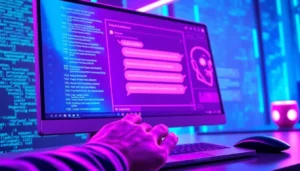 Close-up of a futuristic AI chat platform interface on a computer screen with a user engaging in conversation.