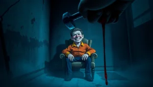 A distressed man in a chair with a disturbing backdrop, illuminated by cold lighting, with violent tools nearby, highlighting moral conflict and psychological horror.