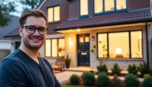 Makler Grevenbroich guiding clients through a property viewing, showcasing a contemporary family home with manicured garden, emphasizing trust and professionalism.