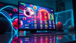 Digital sportsbook interface with sports graphics and live betting odds on a computer screen