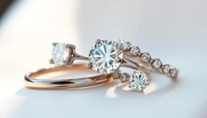 Engagement rings with a diamond displayed on a velvet cushion, highlighting sparkling solitaire and halo designs for lasting love symbols.