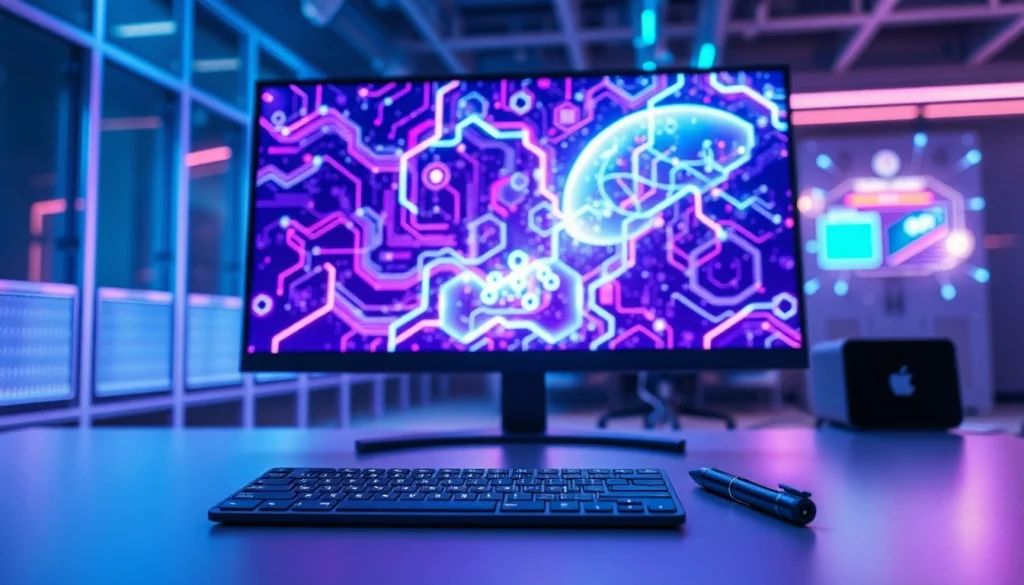 A modern workspace with a computer screen showing AI-generated images, highlighting advanced technology and innovation.