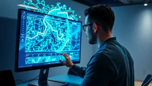 A professional creator using Nano Banana AI on a futuristic digital workspace with vibrant lighting and advanced editing tools.