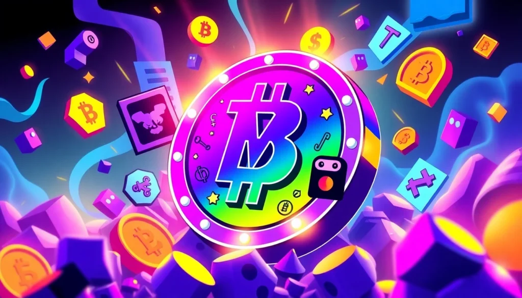 The image shows a lively memecoin surrounded by internet meme icons and blockchain symbols,