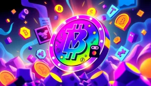 The image shows a lively memecoin surrounded by internet meme icons and blockchain symbols,