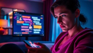 A person engaging with a colorful AI chat platform on a laptop in a cozy, softly-lit room, emphasizing intimacy and technology.
