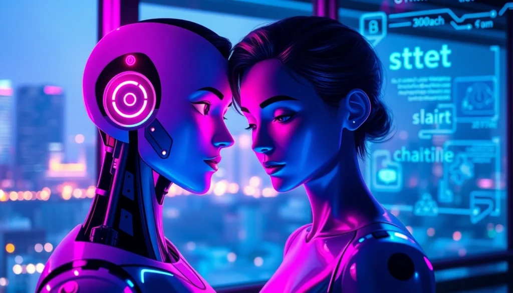 Futuristic AI chatbot in a neon-lit digital environment, evoking intimacy and technology.