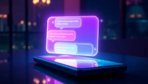 An alluring futuristic digital chat interface glowing with neon lights on a sleek device, suggesting an intimate and sensual conversation environment.