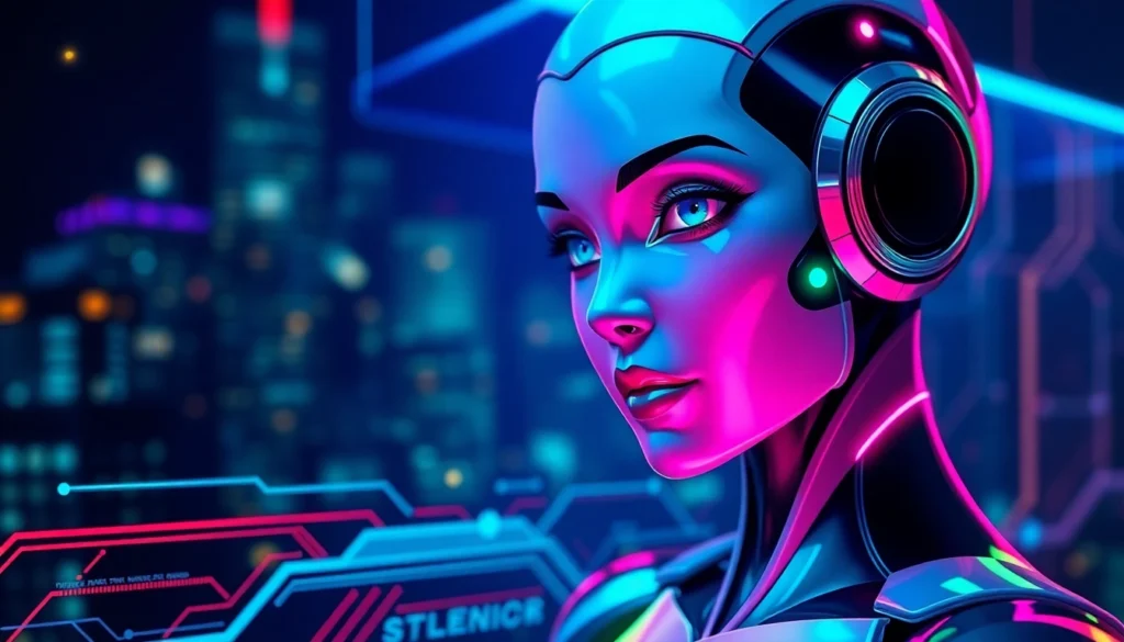Futuristic AI chatbot interface with a seductive character and neon cityscape background.