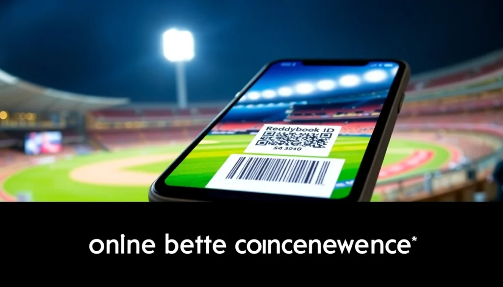 Reddybook ID displayed on smartphone screen with cricket stadium background, highlighting quick access for users.