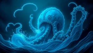 The looming from ocean depths with giant eyes and massive tentacles attacking a ship