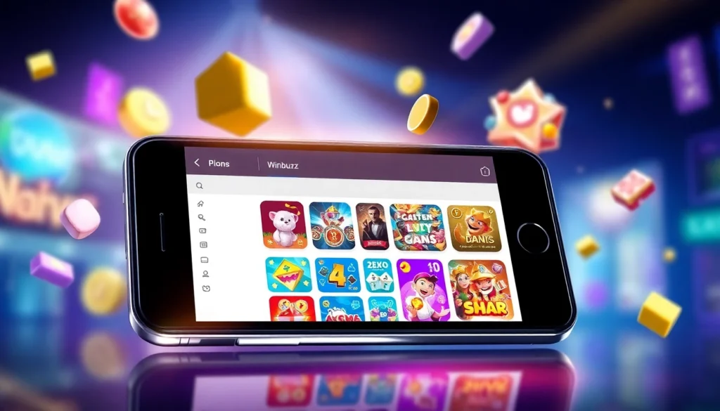 Engaging visual of the Winbuzz App interface on a smartphone, highlighting diverse gaming and
