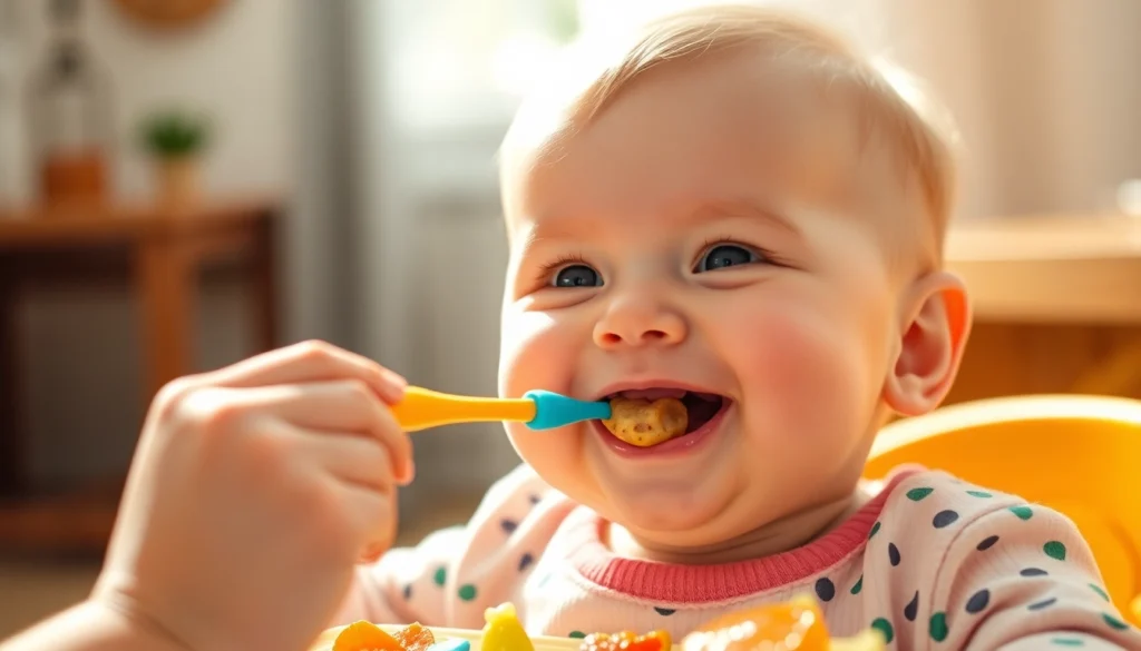 Baby weaning foods being served on silicone utensils for healthy toddler nutrition and growth