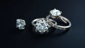 Elegant deimantiniai suzadetuviu ziedai featuring sparkling diamonds on a modern setting,