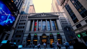 Stock Market New York scene with traders and NYSE building representing financial activity in