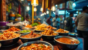 Vendor serving Sweet Bhelpuri Chutney with crispy snacks at a bustling street food market