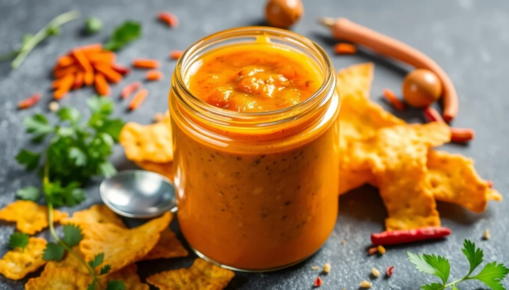 Close-up of a delicious Sweet Bhelpuri Chutney jar with crispy snacks and Indian spices,